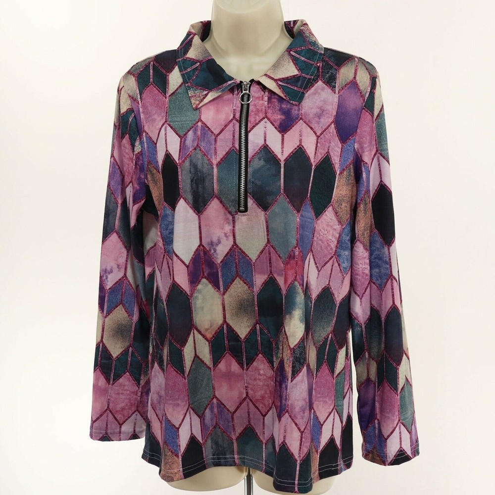 Sheilay Womens Pullover Shirt M Medium Zip Neck Geometric Pink Purple Green EUC